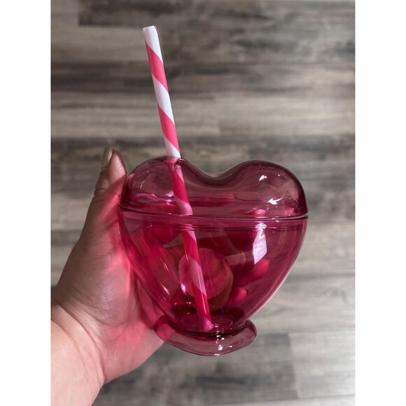 Heart-Shaped Pink Plastic Tumbler Cup W/ Lid & Straw - Reusable Drinkware - Picture 3 of 6